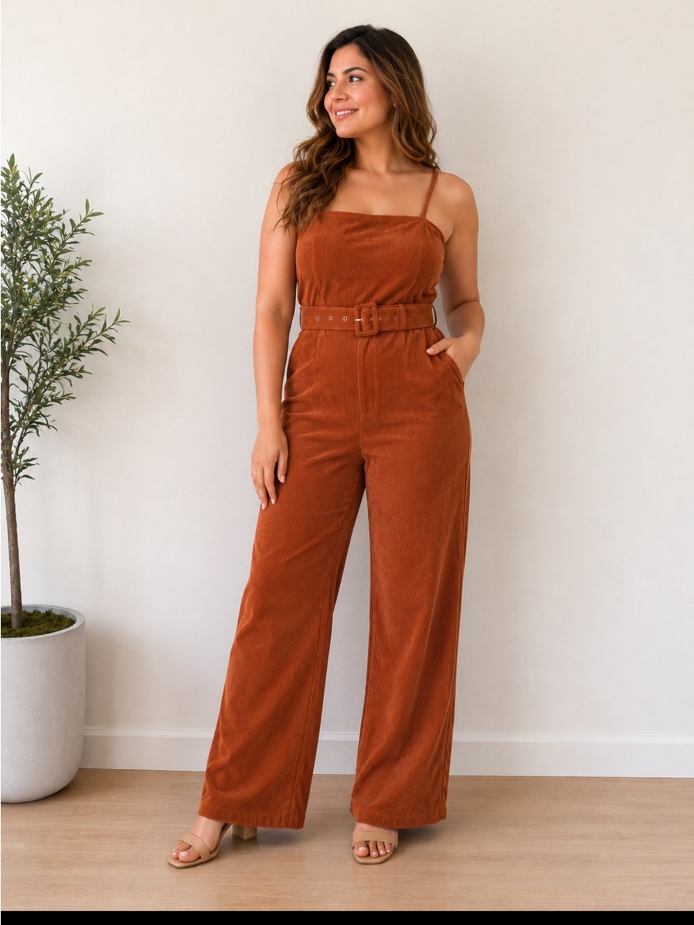Lulus Rust Corduroy Wide-Leg Jumpsuit with Belt s size L adjustable strap new